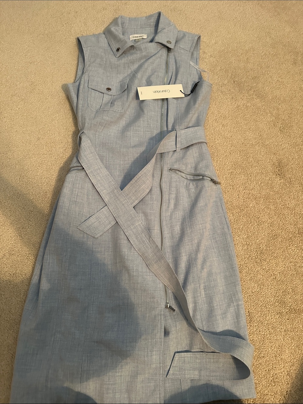 Calvin Klein Light Blue Sleeveless Midi Shirt Dress with Belt Detail